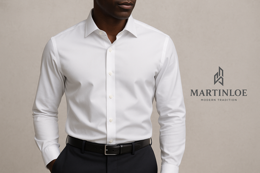 Camisa blanca profesional con modelo y logo MARTINLOE